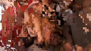 Dudes gangbang and facialize busty slut in leggings in living room